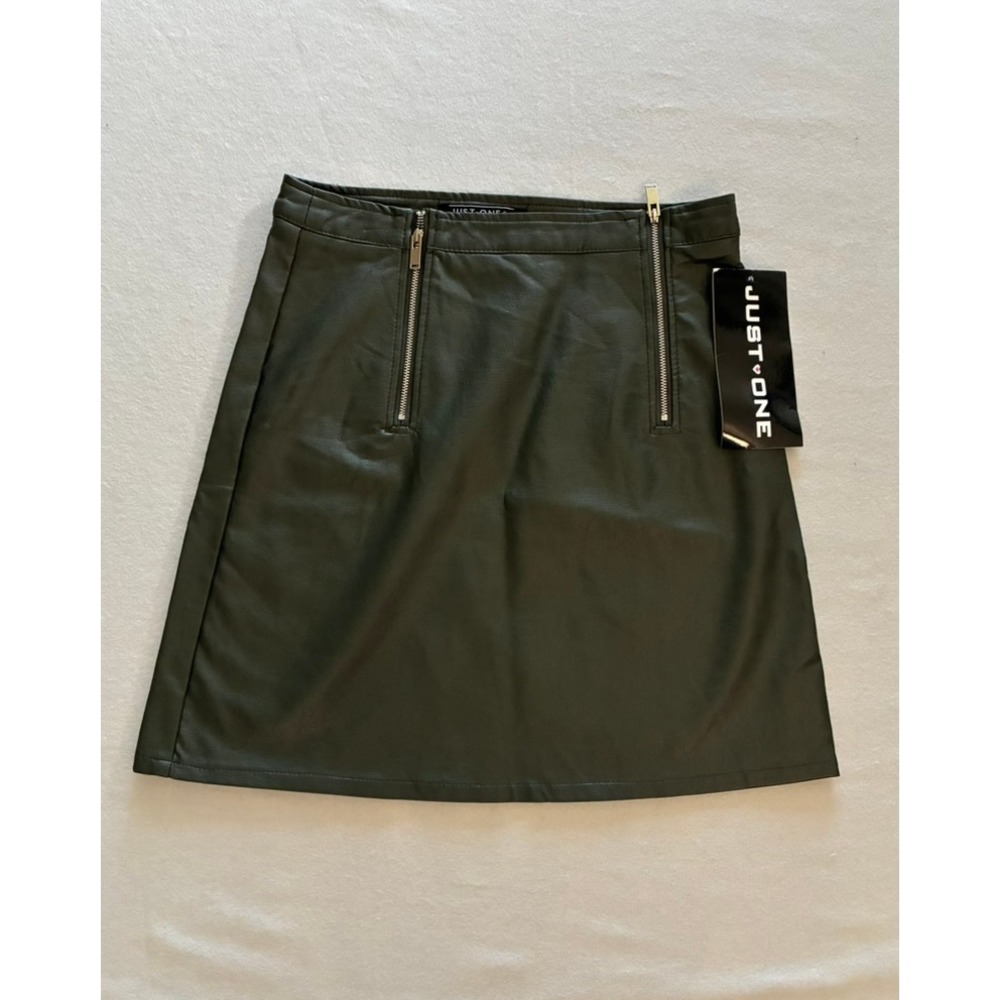 M Just One Olive Green Faux Leather Mini Skirt NWT Bikercore Edgy Modern Grunge